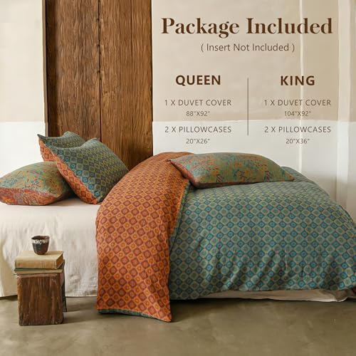 Simple&Opulence Muslin Duvet Cover Set Queen Size, 100% Washed Cotton 3 Pieces Yarn-Dyed Vintage Teal Green Floral Jacquard Textured Bedding, Soft Breathable Gauze Comforter Cover with Zipper Closure