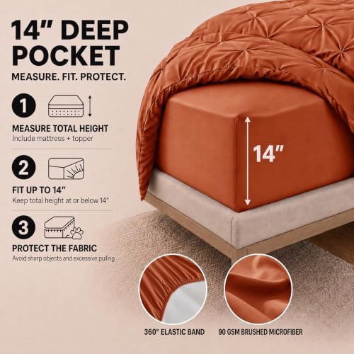 HIMEET Queen Comforter Set Burnt Orange - 7 Pieces Pintuck Bed in a Bag