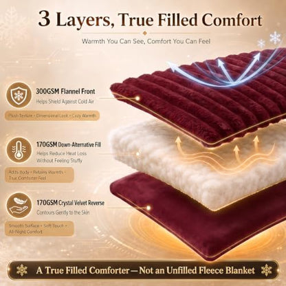 CozyLux Fleece King Size Comforter Set, 3 Piece Warm Dark Red Bedding