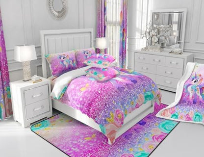 Floral Unicorn Comforter Set Twin Size, Rose Pink Glitter Kids Down Comforter, Watercolor Flower Butterfly Bedding Set 2pcs, Girls Princess Bedroom Decor, Dreamy Cartoon Quilt Set, 1 Pillowcase