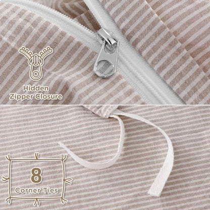 TOCOMOA Brown Striped Duvet Cover Set 100% Washed Cotton Like Linen, Queen