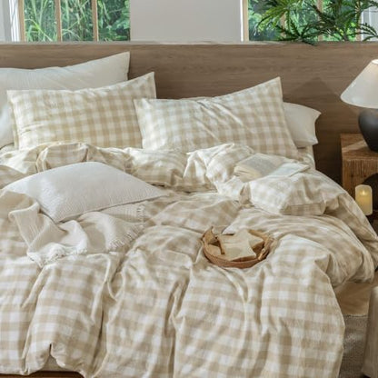 MooMee Gingham Duvet Cover Set 100% Washed Cotton Linen Like