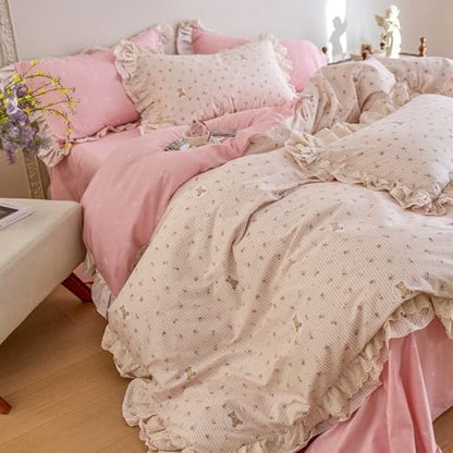 Pink Floral Duvet Cover Queen Size, 100% Cotton Aesthetic Flower Bedding Set with Cute Bear Stripes, Romantic Ruffle Cottagecore Comforter Cover, Girls Princess Lace Duvet Cover with Zipper Closure