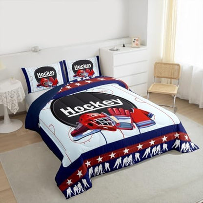 Homewish Sports Ice Hockey Comforter Set Queen Size,Hockey Field Bedding Set for Kids Boys Girls Bedroom Decoration,Sport Gaming Bed Duvet Insert,Navy and Red Comforter with 2 Pillowcase