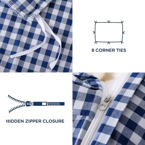 ATsense Navy Blue Gingham Ruffle Duvet Cover Set Cotton Like Linen, Queen