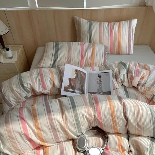 LifeTB Vintage Striped Comforter Set King, 3 Piece Multicolor Stripes Pattern Printed Comforter with 2 Pillowcases, Lightweight Soft Colorful Striped Bedding Set Farmhouse King Size Comforter Set