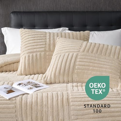 Plush Fleece Comforter Set with Stripe Jacquard Design, Creamy Beige, Queen