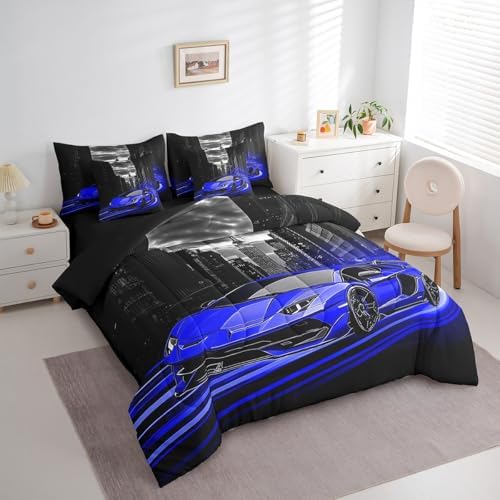 Feelyou Blue Race Car Comforter Set with Sheets Full Size Kids Speed Sports Car 7 Pieces Bedding Set for Boys Girls Teens Racing Car Bed in a Bag Extreme Sports Street Bed Set Gothic Modern City