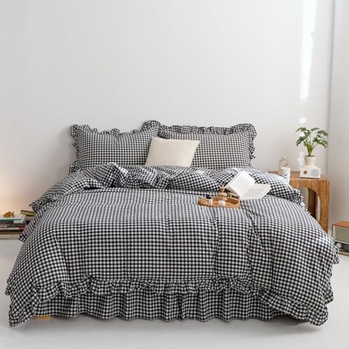 mixinni Black White Gingham Ruffle Duvet Cover Twin Size 3 Pieces – 100% Washed Cotton, Vintage Plaid Ruffled Bedding Set with Zipper Ties, Soft Checkered Grid Farmhouse Chic Comforter Cover Set
