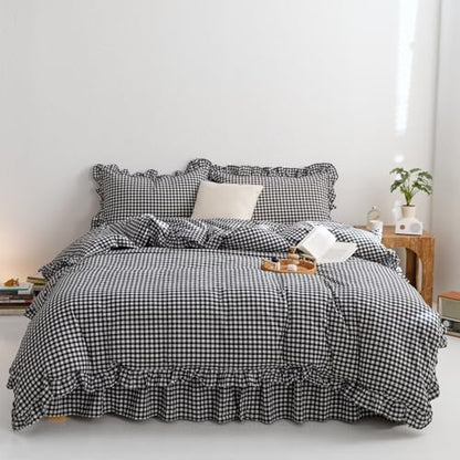 mixinni Black White Gingham Ruffle Duvet Cover Full Size 3 Pieces – 100% Washed Cotton, Vintage Plaid Ruffled Bedding Set with Zipper Ties, Soft Checkered Grid Farmhouse Chic Comforter Cover Set