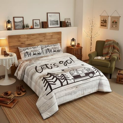 Homewish Camper Theme Full Size Comforter Set Happy Camping Bedding Set for Kids Adults Teens Beige Wooden Comforter Luxury Vintage Wood Farmhouse Quilt Set Room Decor 3Pcs