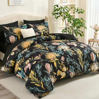 Luxudecor Queen Comforter Set 7 Pieces Bedding Sets, Black Floral Comforter and Sheet Set, Soft Microfiber Bed in a Bag for All Seasons (Black,90"x90")