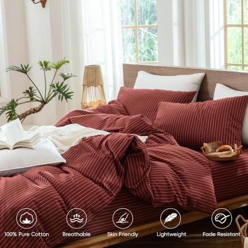 MooMee Striped Duvet Cover Set 100% Washed Cotton Linen Like King