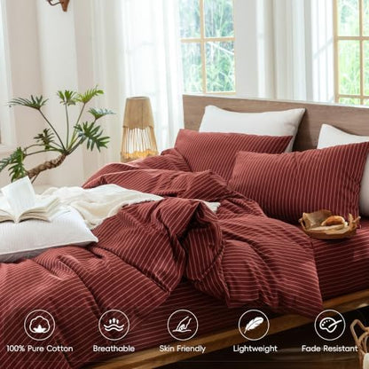 MooMee Striped Duvet Cover Set 100% Washed Cotton Linen Like King