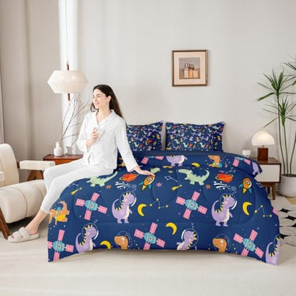 Feelyou Kids Cute Dinosaur 7 Piece Bedding Set Twin Size Solar System Comforter Set with Sheets for Boys Girls Moon Star Print Bed in a Bag Navy Blue Bed Set