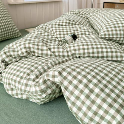 LifeTB Green Gingham Comforter Set Full Size Boho Plaid Checkered Pattern Comforter Geometric Grid Plaid Printed Bedding Comforter Set with 2 Pillowcases Fluffy Soft Gingham Bedding Set Full Size