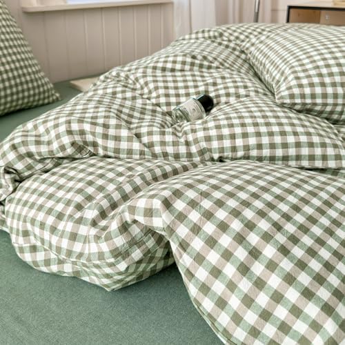 LifeTB Green Gingham Comforter Set California King Modern Style Green Plaid Grid Comforter with 2 Pillowcases Soft Fluffy Checkered Pattern Comforter Farmhouse Gingham Bedding Set Breathable