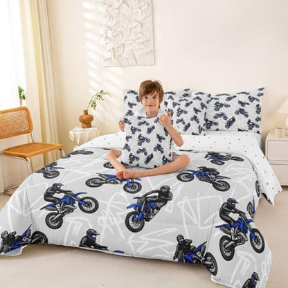 Feelyou Dirt Bike King Comforter Set with Sheets for Boys Girls Graffiti Style Lines 7 Pieces Bedding Set Extreme Sports Bed in a Bag Racing Motocross Rider Room Decor Motorcycle Soft Lightweight