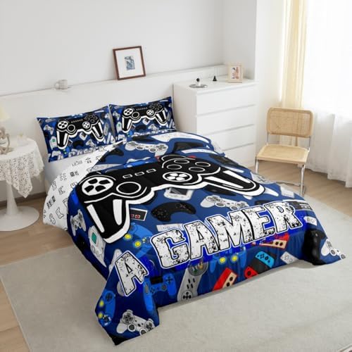 Homewish Cartoon Gamepad Bedding Set King Size,Video Games Comforter Set 3Pcs for Kids Teens Boys Girls Room Decor,Navy Blue Gaming Board Quilted Duvet Modern Fashion Down Comforter,2 Pillowcases
