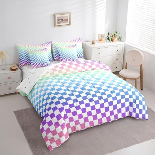 jejeloiu Ombre Colorful Plaid Comforter Set with Sheets 7 Piece Queen Size Checkered Classic Bed in a Bag Kids Boys Girls Grid Geometric Bedding Set Bedroom Decor Soft Lightweight Microfiber