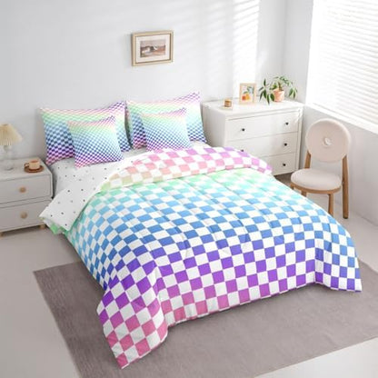 jejeloiu Ombre Colorful Plaid Comforter Set with Sheets 7 Piece Full Size
