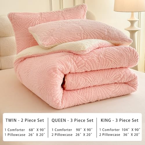 tohrisa Seashell Jacquard Sherpa Comforter Set Warm Cozy Premium Bedding 2 Pieces, Twin Size Geometric Pattern Quilt Comforter with 1 Pillowcases(68"X90" Light Pink)