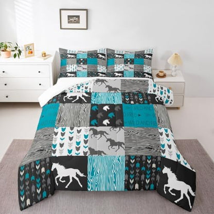 Horse Comforter Set Queen Size Patchwork Teal Unicorn Bedding Set For Kids Boys Girls Black Gray Wild Horses Wood Grain Down Comforter Geometric Lattice Arrow Grid Animal Room Decor Duvet Set