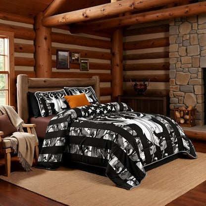 Manfei Deer Antlers Silhouette Comforter Set Twin,Camouflage American Flag Bedding Set, Wild Animal Natural Quilt Set 2 Pcs for Kids Teens Adults Room Decor,Black Grey Duvet Insert with 1 Pillowcase