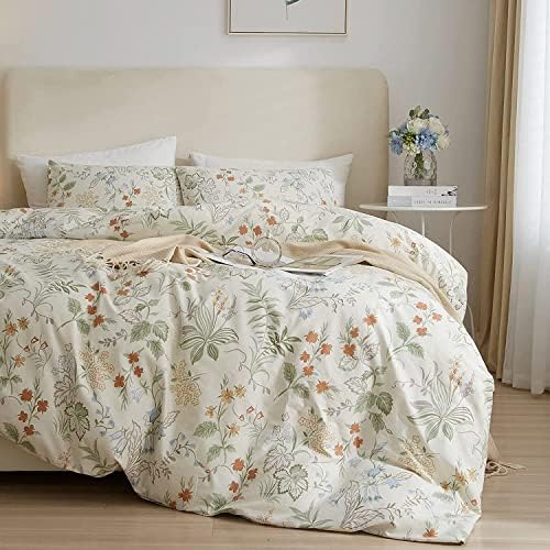 Chic Botanical Floral Duvet Cover King White Soft 100% Cotton Garden Floral Bedding Set King Vintage Style Cottagecore Comforter Cover with Zipper Closure 1 Flower Duvet Cover with 2 Pillowcases
