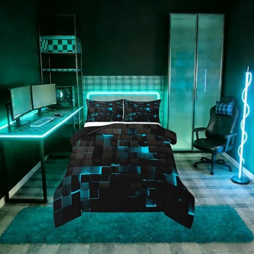 Erosebridal Black Teal Comforter Set Queen Neon Turquoise Geometric Checkered Bedding Set for Boys Gaming Room Decor,Teen Men Abstract Stereoscopic Grids Quilt Square Plaid Bed Set 3 Pcs