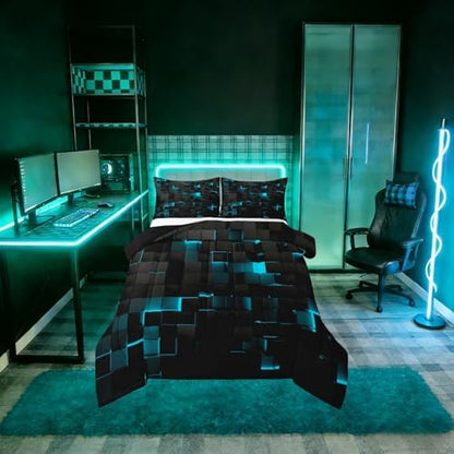 Erosebridal Black Teal Comforter Set Twin Neon Turquoise Geometric Checkered Bedding Set for Boys Gaming Room Decor,Teen Men Abstract Stereoscopic Grids Quilt Square Plaid Bed Set 2 Pcs