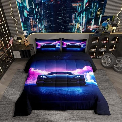 Erosebridal Boys Race Car Twin Size Bedding Set,Extreme Sports Car Bed for Boys Kids,Purple Black Kids Racing Car Comforter,Cool Speed Luxury Car Decor Quilt Set Soft for All Season Bedroom Decor