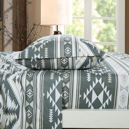 Chezmoi Collection 4-Piece Southwestern Geometric Motif Sheet Set California King Size - Multicolor Gray White Light Brown Printed Brushed Microfiber Lightweight Breathable Deep Pocket Bed Sheets