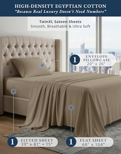LANE LINEN Twin XL Bed Sheets 100% Egyptian Cotton Sateen - Taupe Swiss Dot