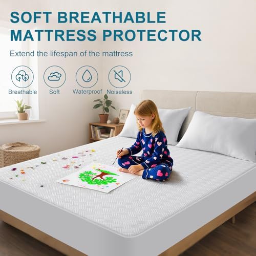 Waterproof Queen Size Mattress Protector with Deep Pockets, White