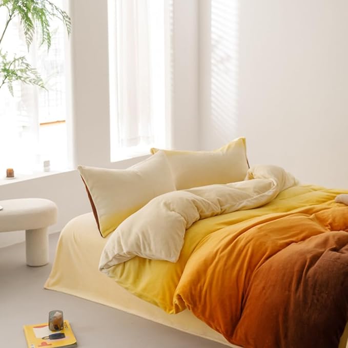 CLOTHKNOW Orange Yellow Queen Comforter Set Velvet Bedding Comforter Sets Dark Yellow Queen Comforter Soft Caramel Comforter Sets Queen
