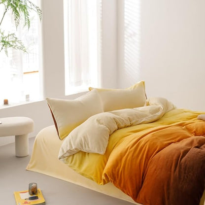 CLOTHKNOW Orange Yellow Queen Comforter Set Velvet Bedding Comforter Sets Dark Yellow Queen Comforter Soft Caramel Comforter Sets Queen