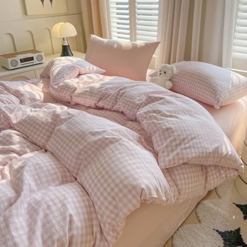 LifeTB Pink Gingham Duvet Cover Set King 100% Washed Cotton Grid Duvet Cover Vintage Pink White Plaid Checkered Comforter Cover Soft Breathable Farmhouse Plaid Gingham Bedding Set for All Seasons