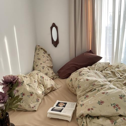 mixinni Vintage Floral Duvet Cover Twin Size - 3 Piece 100% Cotton Cottagecore Red Flowers & Green Leaves Bedding, Soft Botanical Comforter Cover & Pillowcases, Aesthetic Spring Bed Set for Girls