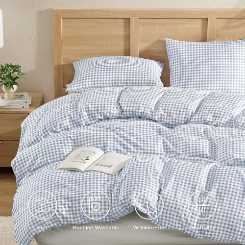 Andency Gingham Duvet Cover Twin Size, Misty Blue Checkered Plaid Bedding Set with Zipper Closure & Corner Ties, 2 Pieces Soft Prewashed Microfiber Comforter Cover for Dorm Kids