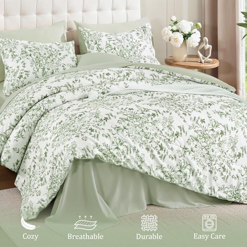 WONGS BEDDING 8 Pieces King Size Comforter Set Green,Sage Green Floral Bed in a Bag Comforter Sets, Soft Reversible Botanical Flowers Bedding Sets for All Season (90"x104")