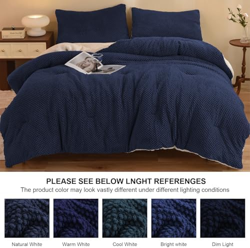 LLanCL 3D Jacquard Design Comforter Set, Ultra-Soft Warm Queen Size Sherpa Fur Plush 3-Pieces Sets Luxury Cozy Bedding with 2 Pillowcases (90"x90", Navy Blue)