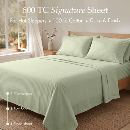 Threadmill 600TC Cotton Full Sheet Set, Sateen, Damask Stripe, Sage Green