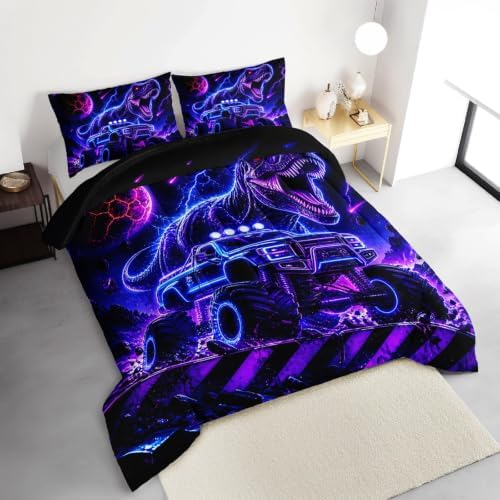 HOSIMA Neon Dinosaur Truck King Bedding Set for Boys with 2 Pillowcases.