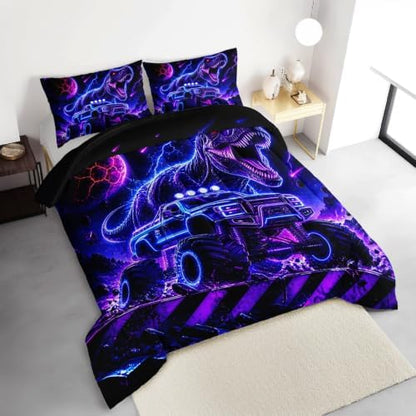 HOSIMA Neon Dinosaur Truck King Bedding Set for Boys with 2 Pillowcases.