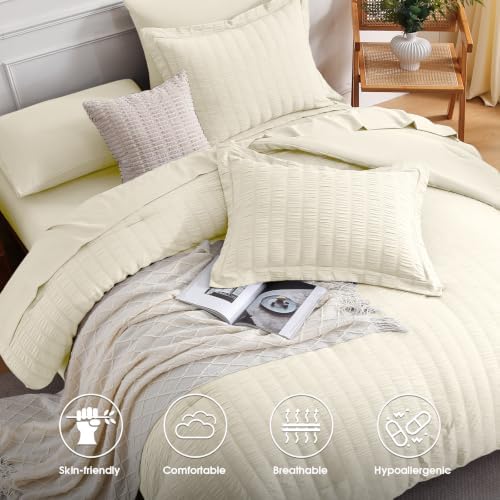 FreshCulture Comforter Set Seersucker 5 Pieces, All Season Bedding Set Twin XL, Bed in a Bag Comforter Set with Comforter, Flat Sheet, Fitted Sheet, Pillowcase and Pillow Sham, Ivory
