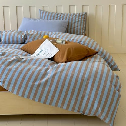 LifeTB Vintage Striped Comforter Set Twin XL, Blue Brown Stripes Print Reversible Bedding Set, 3 Pieces Lightweight Bedding Comforter with 2 Pillowcases, Farmhouse Striped Twin XL Comforter Set
