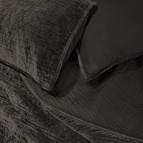 Wonderful Velvet Quilt Set - Wood-Grain Stitched Brownish Black Quilt King Size, Velvet Lightweight Comforter with 2 Pillow Shams, Luxurious Suede Bedspread Coverlet for All Season, 106"x94"