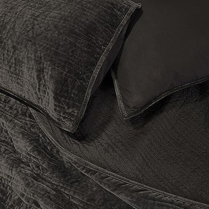 Wonderful Velvet Quilt Set - Wood-Grain Stitched Brownish Black Quilt King Size, Velvet Lightweight Comforter with 2 Pillow Shams, Luxurious Suede Bedspread Coverlet for All Season, 106"x94"