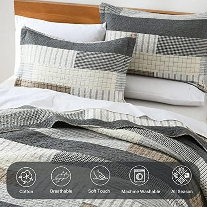 Finlonte Quilt Queen Size 100% Cotton Queen Size Quilts Grey Black Brown Quilted Bedspreads Plaid Comforter Set Lightweight Reversible Soft Breathable Bedding Sets for All Season, 3 Pieces